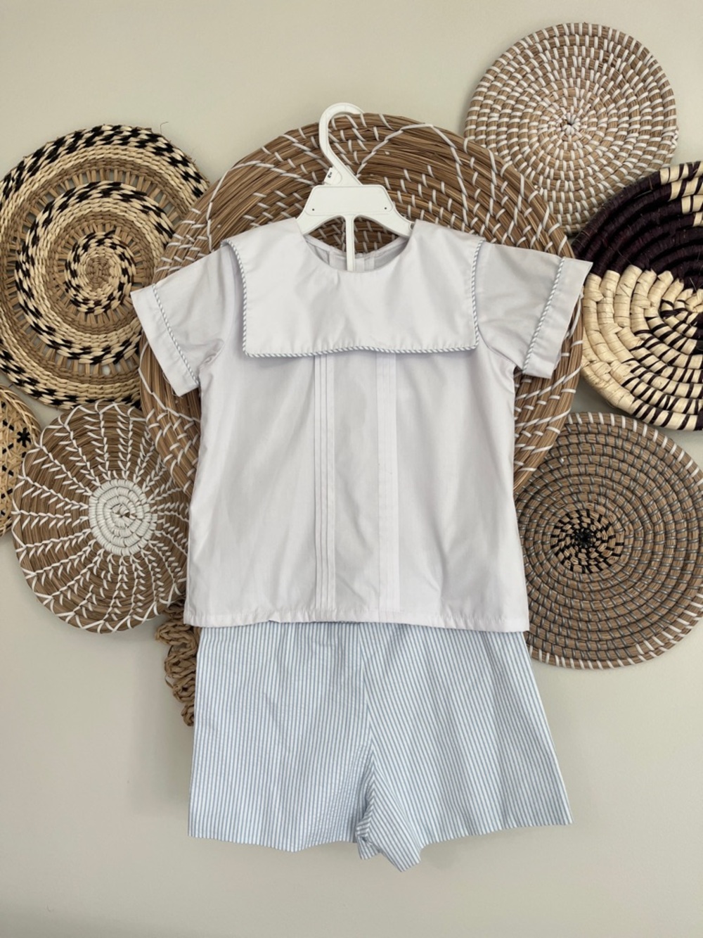 The Beaufort Bonnet Company - White Sailor-Collar Top with Blue-Striped Shorts